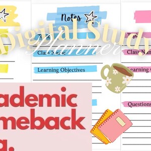 K&ouml;nnte beinhalten: Drei digitale Studienplaner-Seiten mit gelben, blauen und rosa Markierungen. Jede Seite enth&auml;lt Abschnitte f&uuml;r Notes, Topic, Class Name, Learning Objectives und Questions & Cues. Enth&auml;lt eine Kaffeetassengrafik, zwei kleine Notizb&uuml;cher und den Text Digital Study Planner, Good Energy und academic comeback era.