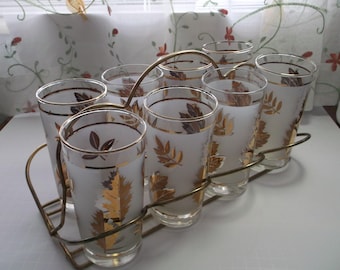 Vintage GOLDEN FOLIAGE Glasses w Metal Caddy/Vintage Bar Ware/Libby Glassware/Retro Drink Ware/Vintage Home Decor/Gold Leaf Glasses