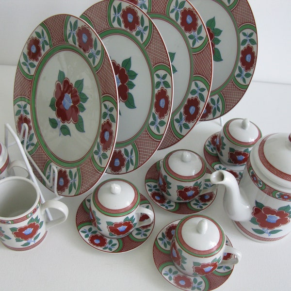 Vtg FITZ and FLOYD IMARI Camellia Luncheon Set/Porcelain Red and Blue Floral Dish Set/Imari Tea Service Set/Fitz and Floyd Porcelain Dishes