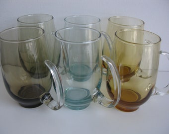 Vtg LIBBY MULTI COLORED Glass Mugs/Opened Handled Mugs/Coffee Cups/Tea Mugs/Vintage Drinkware/Vintage Mugs/Vintage Glassware/Tableware