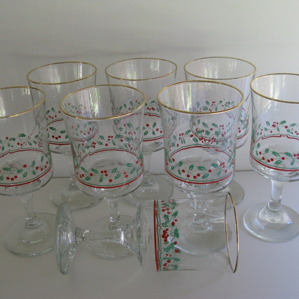 Vintage HOLIDAY STEMWARE SET/Holiday Glassware/Vintage Holiday Tableware/Water Glasses/Vtg Stem Glasses/Holly Design Glassware/Signed 1986