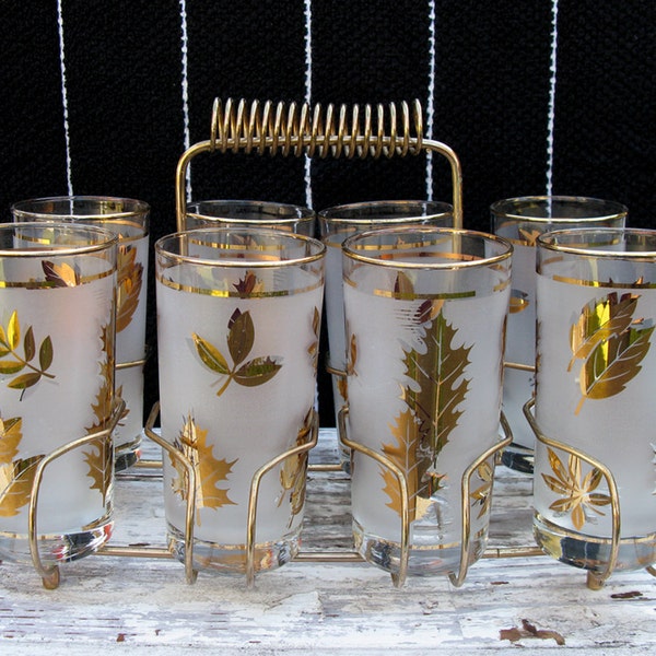 Vintage Gold Leaf / Frosted Glass 10 Ounce Glass Set With Metal Caddy