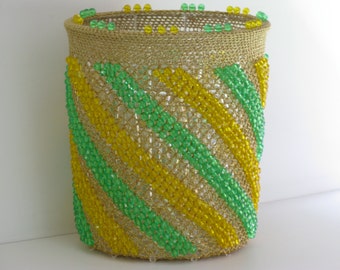 Vintage ACRYLIC BEADED BASKET/Gold Meshed Basket/Beaded Basket/Clear Acrylic Liner/Rad Design Baskets/Vanity Waste Basket/Beaded Baskets