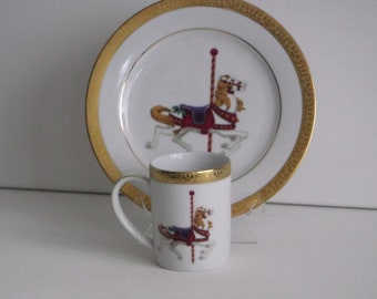 Vintage GOLD BUFFET DESSERT Set/Porcelain Cup w Dessert Plate/Royal Gallery/Merry Go Round Horse Design/Lunch Set