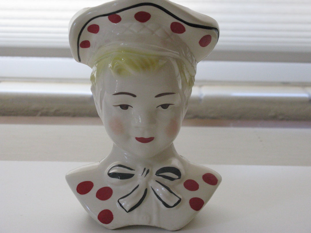 Vtg CERAMIC Head Vase WALL Pocket/ceramic Wall Decor/girl Wall Pocket/polka Dot Head Vase/home