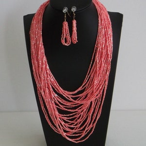Vintage PINK GLASS Seed BEAD Necklace and Earring Set/Mod Multi Strand Necklace w Matching Earrings/Fashion Jewelry/Ladies Costume Jewelry