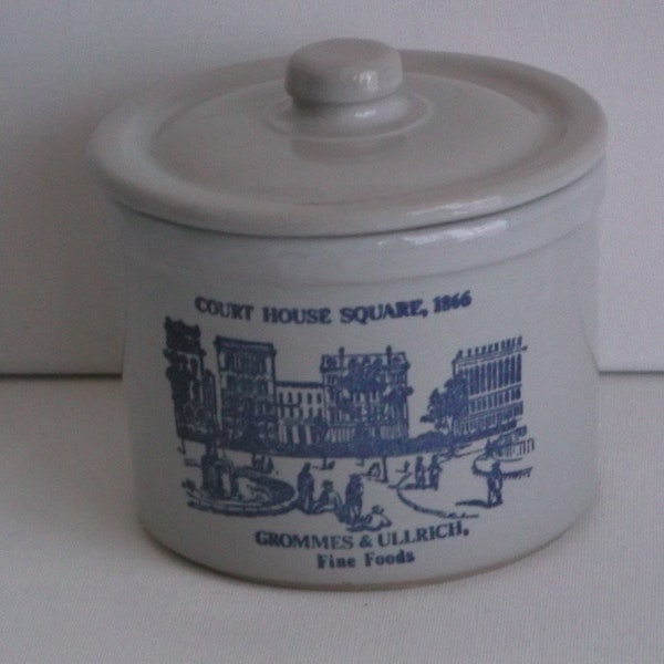 BLUE STONEWARE CROCK/Covered Salt Crock/Advertising Crock Pot/Vintage Kitchenware/Counter Top Crock Pot/Kitchen Storage Crock Pot/Salt Crock