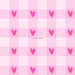 Könnte beinhalten: Ein sich wiederholendes Muster aus leuchtend rosa Herzen, die in einem Gitter aus hellrosa und blassrosa Quadraten zentriert sind. Der Text @Pinkwavebysarah ist in kleiner, dunkelrosa Schreibschrift in der Bildmitte abgedruckt.