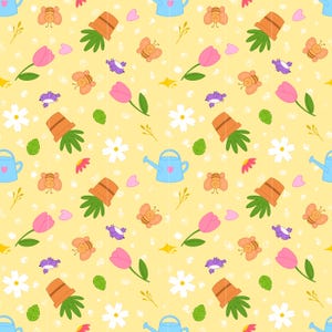 Könnte beinhalten: Ein sich wiederholendes Muster auf hellgelbem Hintergrund mit orangefarbenen Topfpflanzen, rosa Tulpen, weißen Gänseblümchen, hellblauen Gießkannen mit rosa Herzen, orangefarbenen Bienen, violetten Vögeln, grünen Blättern und gelben Sternchen.