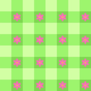 May include: A repeating pattern featuring a light green and lime green checkered background. Each square contains a small, six-petaled pink flower with a yellow center, arranged in a grid across the entire surface of the textile design.