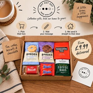 May include: A cardboard gift box containing Border shortbread rings, Border chocolate cookies, Yorkshire Tea, Biscoff biscuits, two Daim chocolate bars, and Taylors of Harrogate coffee bags. The box includes instructional text and decorative notes.