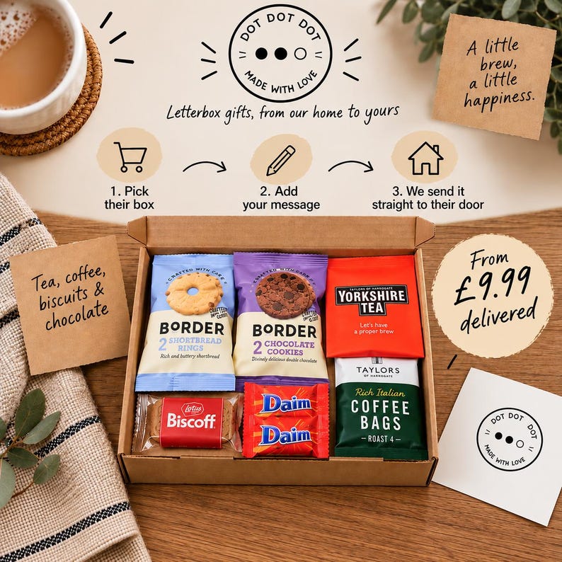 May include: A cardboard gift box containing Border shortbread rings, Border chocolate cookies, Yorkshire Tea, Biscoff biscuits, two Daim chocolate bars, and Taylors of Harrogate coffee bags. The box includes instructional text and decorative notes.