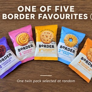 May include: Five individual snack packs of Border biscuits arranged in a row. The flavours include Chocolate Cookies, Viennese Whirls, Butterscotch Crunch, Shortbread Rings, and Golden Oat Crumbles. Each pack contains two biscuits and features the text One of five Border favourites.