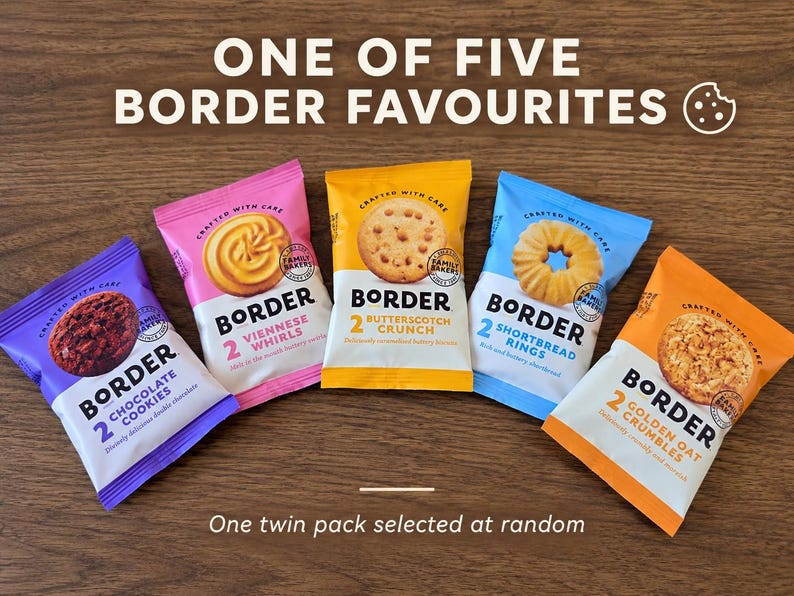 May include: Five individual snack packs of Border biscuits arranged in a row. The flavours include Chocolate Cookies, Viennese Whirls, Butterscotch Crunch, Shortbread Rings, and Golden Oat Crumbles. Each pack contains two biscuits and features the text One of five Border favourites.