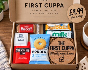 May include: A cardboard gift box labelled The First Cuppa containing a Biscoff biscuit, a Tate and Lyle white sugar packet, a Yorkshire Tea bag, an oat bar, a milk stick, a pack of Border shortbread rings, and a round cork coaster with text.