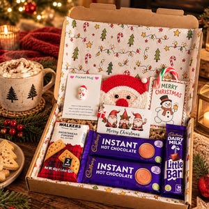 May include: A Christmas gift box containing two Cadbury Instant Hot Chocolate packets, a Cadbury Dairy Milk Little Bar, a Walkers Shortbread Fingers 40g pack, a crocheted Santa face, and two cards featuring a snowman and three gnomes.