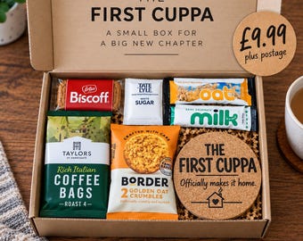 May include: A cardboard gift box labelled The First Cuppa containing a Lotus Biscoff biscuit, Tate & Lyle white sugar, oat and milk sachets, Taylors of Harrogate coffee bags, Border Golden Oat Crumbles, and a round cork coaster with printed text.