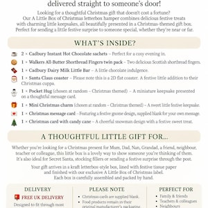 May include: A product information sheet titled A Little Box of Christmas listing contents including two Cadbury hot chocolate sachets, Walkers shortbread, a Cadbury chocolate bar, a Santa coaster, a pocket hug, a charm, and two Christmas cards.