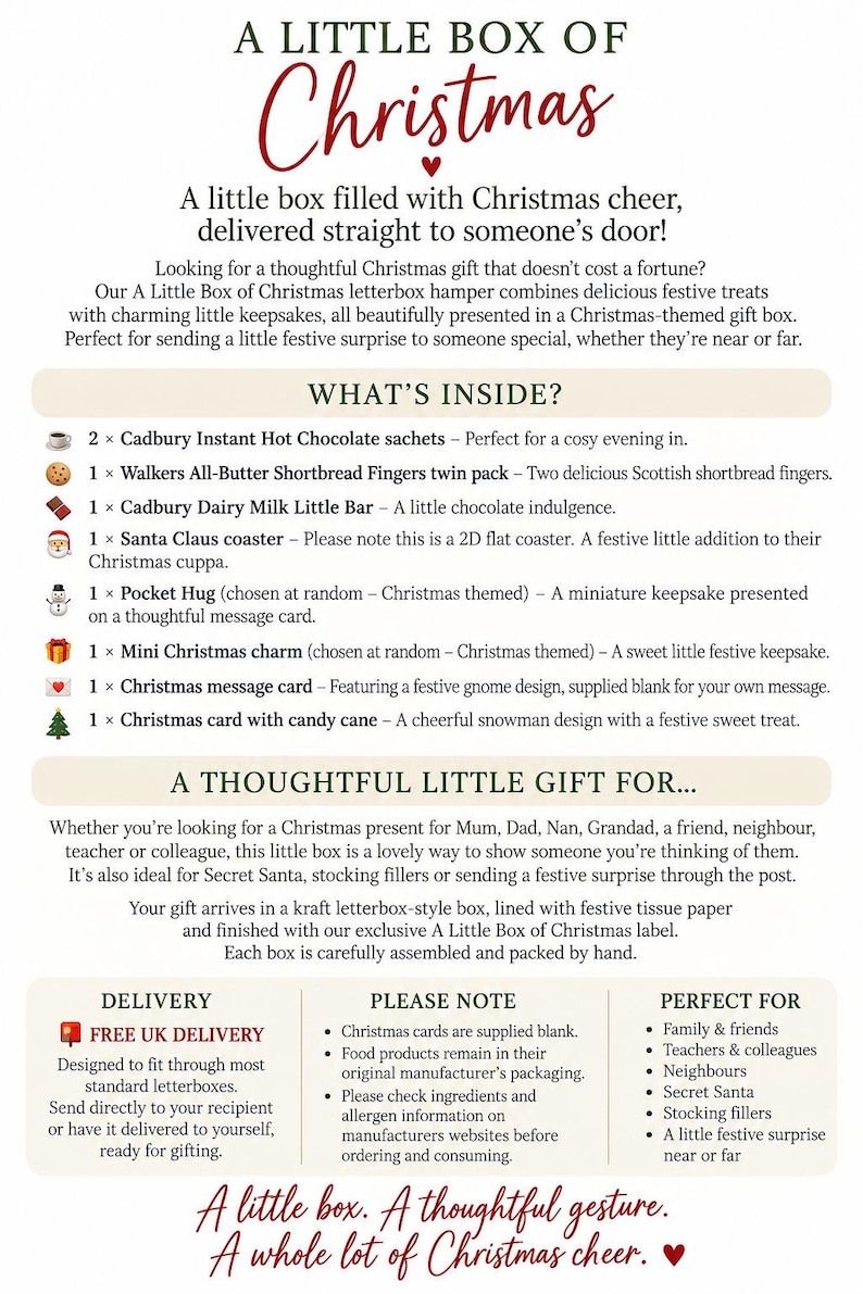 May include: A product information sheet titled A Little Box of Christmas listing contents including two Cadbury hot chocolate sachets, Walkers shortbread, a Cadbury chocolate bar, a Santa coaster, a pocket hug, a charm, and two Christmas cards.