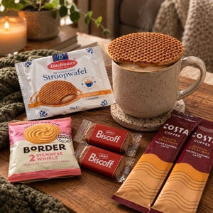 May include: A speckled ceramic mug filled with a hot beverage topped with a round, grid-patterned Daelmans stroopwafel. Beside it are a Daelmans stroopwafel package, a Border Viennese Whirls packet, two Biscoff biscuit packs, and two Costa Coffee Salted Caramel Latte sachets.
