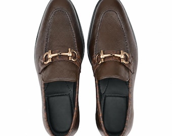 Handmade Brown Leather Horsebit Loafers for Men Formal Wedding Business Dress Slip On Shoes