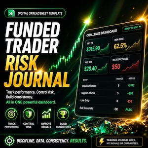 以下が含まれることがあります： Funded Trader Risk Journalというタイトルのデジタルスプレッドシートテンプレート。ダッシュボードにはNet P/L、Win Rate、Avg Win、Max Daily Lossなどの指標が表示されています。取引設定の表、パフォーマンスアイコン、および免責事項が含まれています。