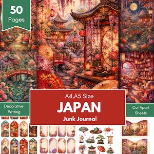 以下が含まれることがあります： 日本をテーマにしたジャンクジャーナルキット。A4およびA5サイズのデコレーション用ページ50枚と切り抜き用シートが含まれています。伝統的な建築、桜、赤い橋、ピンクや赤の提灯が描かれた鮮やかな風景が特徴です。