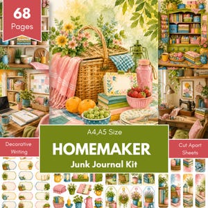 Könnte beinhalten: Ein Homemaker Junk Journal Set mit 68 Seiten in A4 und A5. Die Sammlung enthält dekorative Schreibbögen und Ausschneidebögen mit Aquarellillustrationen von Picknickkörben, Blumen, Früchten, Nähzubehör und gemütlichen Szenen aus dem häuslichen Alltag.