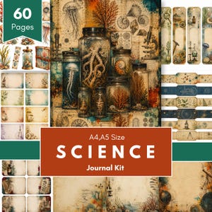 Könnte beinhalten: Ein Wissenschafts-Journal-Set mit 60 Seiten in den Größen A4 und A5. Die Sammlung enthält verschiedene Papierbögen mit Illustrationen im Vintage-Stil von Quallen, Muscheln, Korallen, Mikroskopen und wissenschaftlichen Diagrammen.