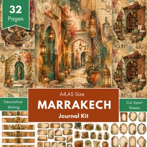 May include: A Marrakech journal kit featuring 32 pages of decorative cut-apart sheets in A4 and A5 sizes. The imagery displays Moroccan-style architecture, arched doorways, hanging lanterns, potted plants, and vintage script text in warm tones.