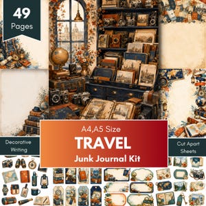 Op de afbeelding: Een junk journal kit met reisthema bestaande uit 49 pagina's in A4- en A5-formaat. De collectie bevat decoratief briefpapier en knipvellen met illustraties van vintage camera's, wereldbollen, koffers, landkaarten en kompassen.