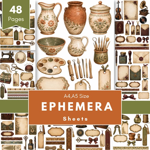 Vintage Ephemera Sheets | Fussy Cut Labels, Tags & Cards Kit | A4 A5 Printable Junk Journal Elements | Instant Download