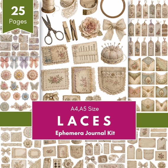 Vintage Lace Ephemera Journal Kit | Shabby Chic Fabric Tags & Labels | A4 A5 Printable Junk Journal Supplies
