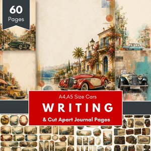 Peut inclure: Un ensemble de 60 pages de journal illustrées de voitures anciennes et de paysages côtiers méditerranéens. Le lot comprend des feuilles d'écriture aux formats A4 et A5 ainsi que des éléments à découper avec des automobiles et des cadres décoratifs.