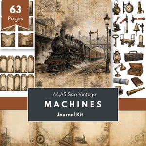 May include: A 63-page A4 and A5 size vintage machines journal kit featuring a steam locomotive, technical drawings, and various antique objects like lanterns, keys, and tools. The collection includes decorative tags, pockets, and aged paper designs.