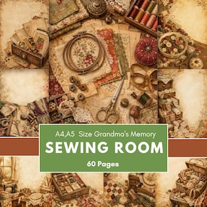 Könnte beinhalten: Eine Sammlung von Nähzubehör im Vintage-Stil mit hölzernen Stickrahmen, Metallschere, Garnrollen, Knöpfen, Spitze und Stoffresten. Das Bild enthält den Text A4, A5 Size Grandma's Memory SEWING ROOM 60 Pages.