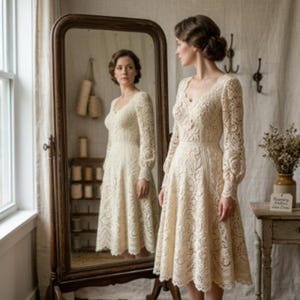 Pode incluir: Um vestido de renda cor de creme com mangas compridas, um decote em V recortado e uma saia pelo joelho com padrões florais intrincados. A peça é ajustada na cintura e flui para uma saia rodada, exibindo um trabalho de agulha detalhado.