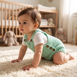 Peut inclure: Une barboteuse en crochet vert menthe clair portée sur un t-shirt blanc à manches courtes. La barboteuse présente un motif en maille texturée, de larges bretelles et est fermée par de petits boutons marron sur le devant et sur le côté.