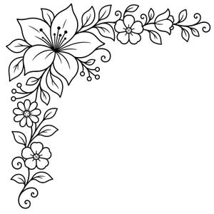 Op de afbeelding: Een zwart-wit lijntekening van een florale hoekrand. Het ontwerp toont een grote centrale bloem met puntige bloemblaadjes, kleinere bloesems, afgeronde bladeren en delicate krullende ranken in een L-vormig patroon.