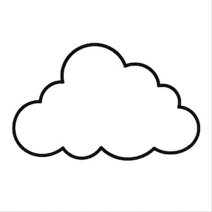 Puede incluir: Un dibujo lineal simple en blanco y negro de una nube. El gráfico presenta un contorno negro grueso que forma la silueta redondeada y esponjosa de una nube sobre un fondo blanco liso. El diseño es minimalista y consiste solo en el trazo.