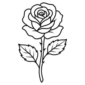 Puede incluir: Una ilustración de arte lineal en blanco y negro de una sola flor de rosa con una flor central que presenta pétalos en capas, un tallo delgado con pequeñas espinas y dos hojas simétricas que se extienden desde los lados del tallo sobre un fondo blanco.