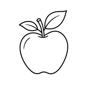 May include: A simple black and white line drawing of an apple. The illustration features a rounded apple shape with a central stem and two distinct leaves extending upwards from the top, rendered with clean, bold black outlines on a white background.