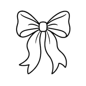 May include: A black and white line drawing of a decorative bow. The illustration features two symmetrical loops at the top and two flowing ribbon tails extending downwards, all defined by clean, bold outlines against a plain white background.