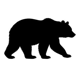 May include: A solid black silhouette of a bear shown in profile, walking toward the right side of the frame. The graphic features a detailed outline of the animal's fur, rounded ears, and sturdy legs, presented against a plain white background.