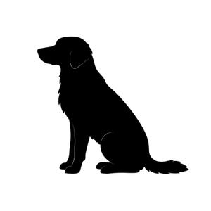 May include: A solid black silhouette of a dog in a seated position, facing towards the left. The graphic features the distinct outline of a canine with a long, feathered tail, pointed ears, and a smooth, rounded snout, presented on a plain background.