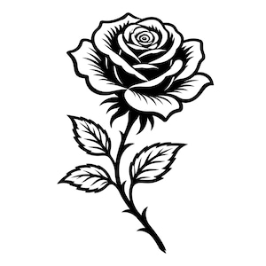 Op de afbeelding: Een contrastrijke zwart-wit grafische illustratie van een enkele roos. Het ontwerp toont een gedetailleerde rozenbloem met gelaagde bloemblaadjes, een slanke steel met scherpe doorns en drie afzonderlijke bladeren aan de centrale stengel.