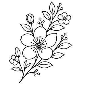 以下が含まれることがあります： 大きな中央の花、2つの小さな花、閉じたつぼみ、そしていくつかの尖った葉が描かれた、黒と白の線画の枝のイラスト。このデザインは、白い背景に鮮明で太い輪郭線で構成されています。