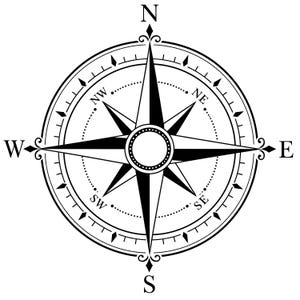 Può includere: Un'illustrazione di rosa dei venti in bianco e nero con un design a stella centrale, quattro punti cardinali principali contrassegnati con N, S, E e O, e quattro punti intercardinali contrassegnati con NO, NE, SO e SE, entro una cornice circolare.