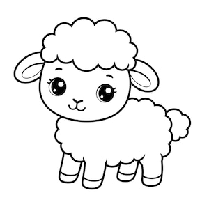 Könnte beinhalten: Eine schwarz-weiße Strichzeichnung eines Cartoon-Lamms. Das Lamm hat einen flauschigen Wollkopf, große runde Augen mit sichtbaren Wimpern, kleine Ohren, eine einfache Nase und einen Mund sowie einen abgerundeten Körper mit vier kurzen Beinen.