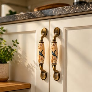May include: Two cabinet pulls with an antique brass finish and a central ceramic insert. The insert features a painted design of blue birds perched on brown branches with small pink flowers against a cream-colored background.